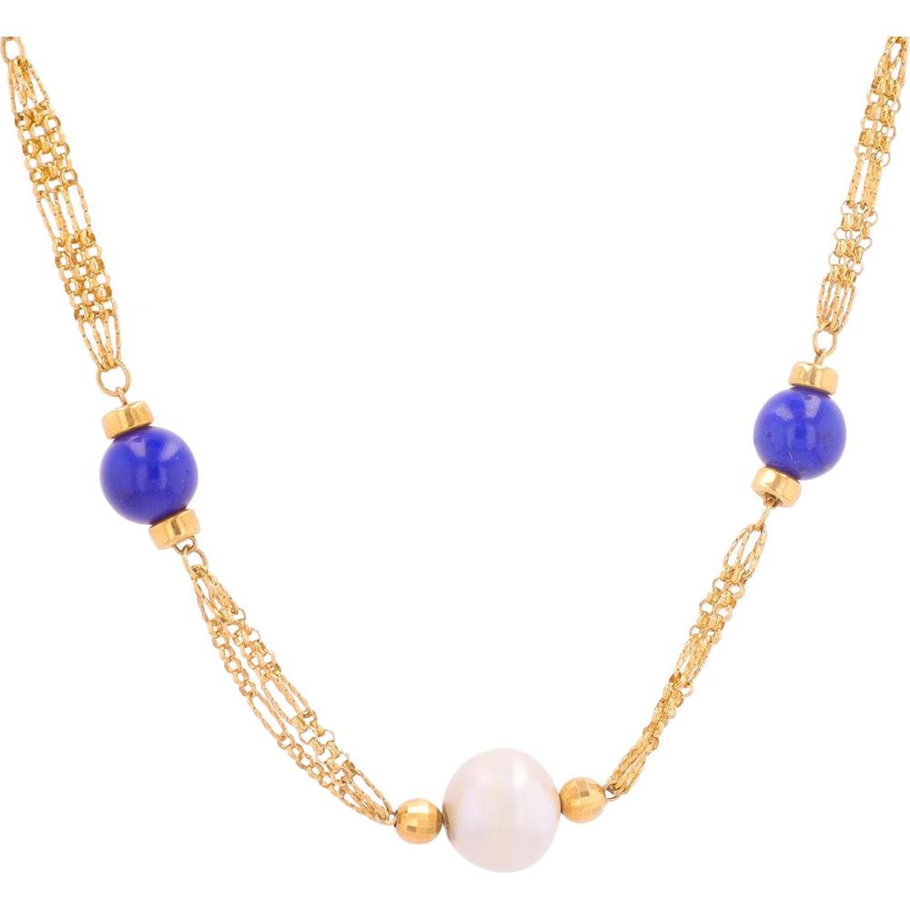 18K Yellow Gold Pearl and Lapis Pendant Necklace - 13mm Pearl and 10mm Lapis Stones