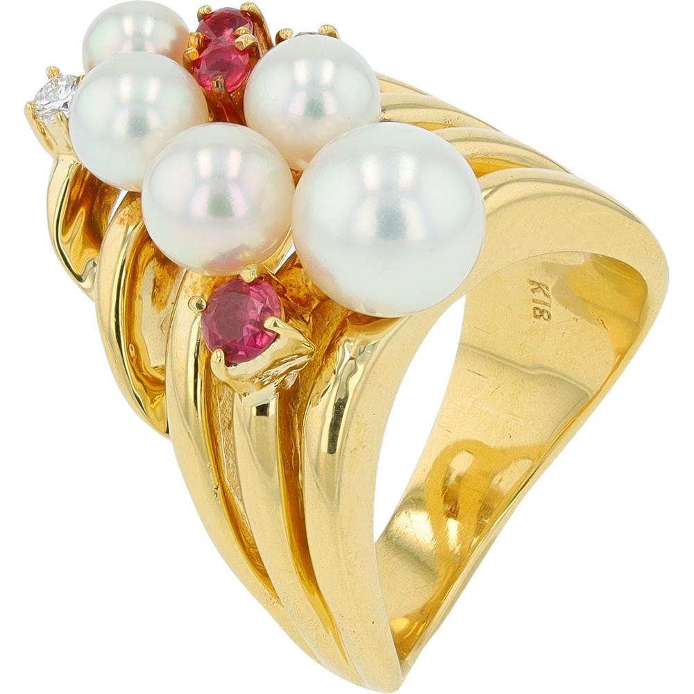 18K Yellow Gold Pearl and Pink Gemstone Cocktail Ring with Diamond Accent - 0.05 Carat Total Diamond Weight