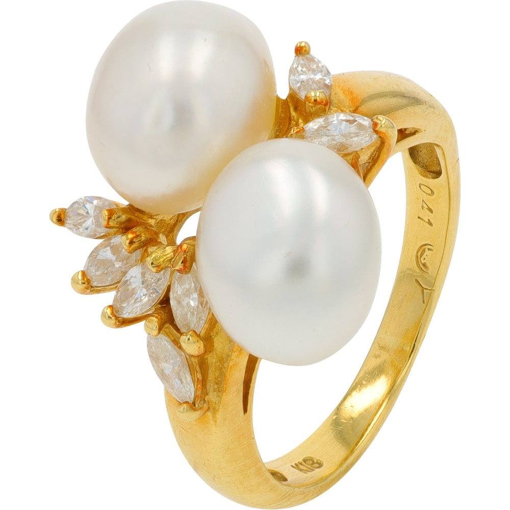 18K Yellow Gold Pearl Bypass Ring with Marquise Cut Diamond Leaf Accents - 0.41 Carat Total Diamond Weight