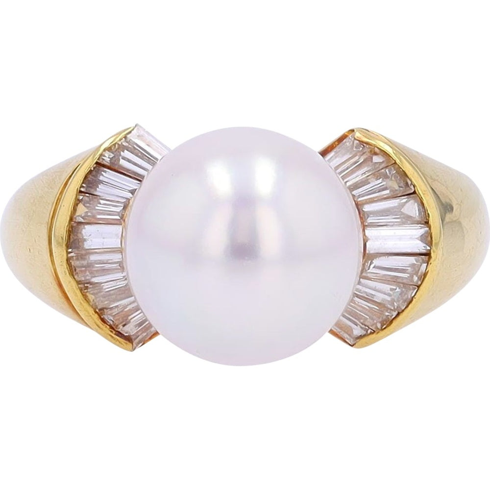 18K Yellow Gold Pearl Center Ring with Baguette Diamond Accents - 0.51 Carat Total Diamond Weight