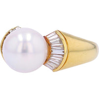 18K Yellow Gold Pearl Center Ring with Baguette Diamond Accents - 0.51 Carat Total Diamond Weight