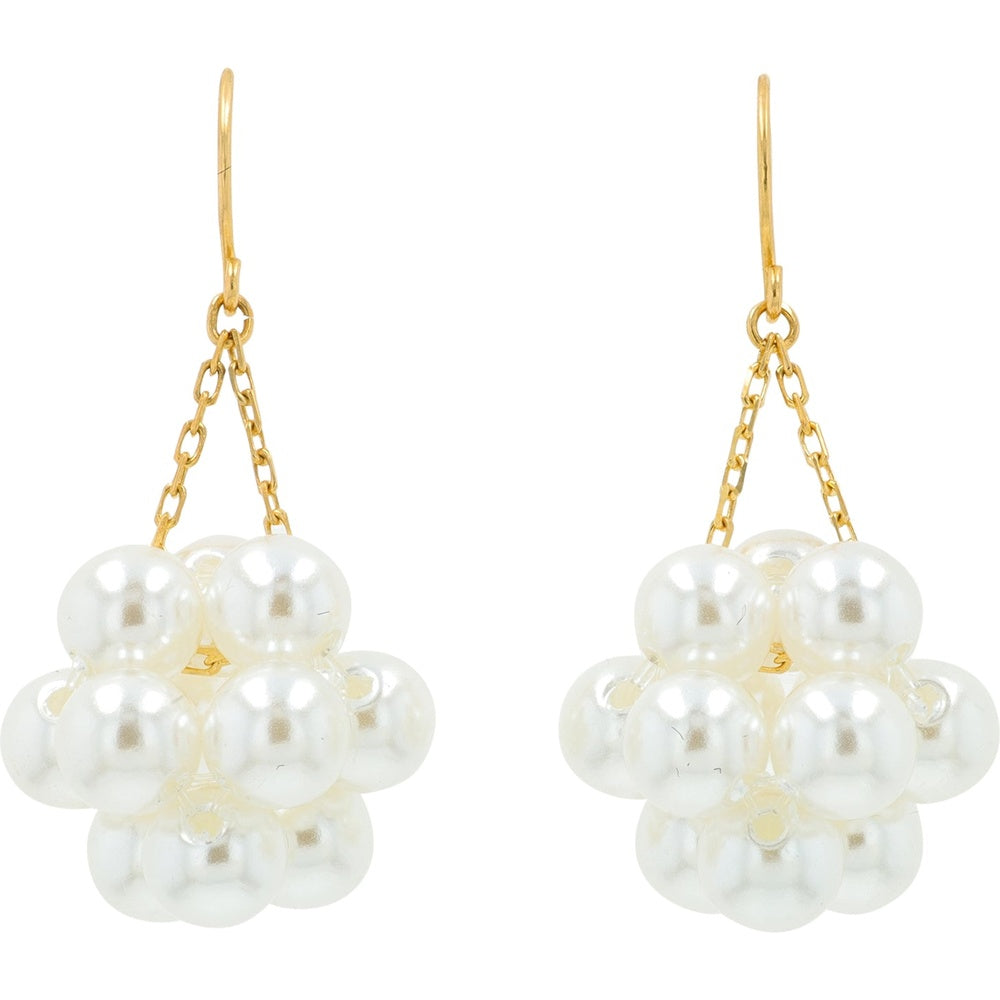 18K Yellow Gold Pearl Cluster Drop Earrings with Shepherd's Hook and Cable Chain Suspension - 4-5mm Cultured Pearls, Total Gem Weight for the Pair