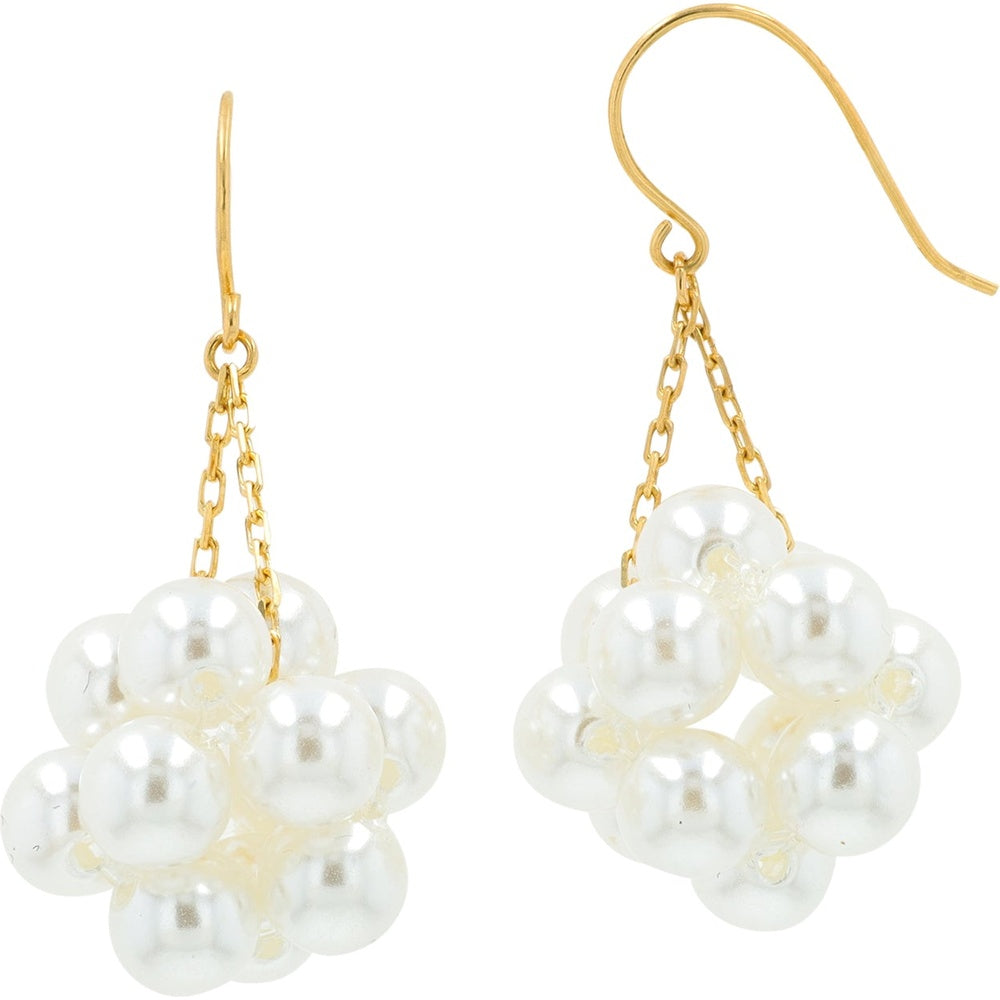 18K Yellow Gold Pearl Cluster Drop Earrings with Shepherd's Hook and Cable Chain Suspension - 4-5mm Cultured Pearls, Total Gem Weight for the Pair