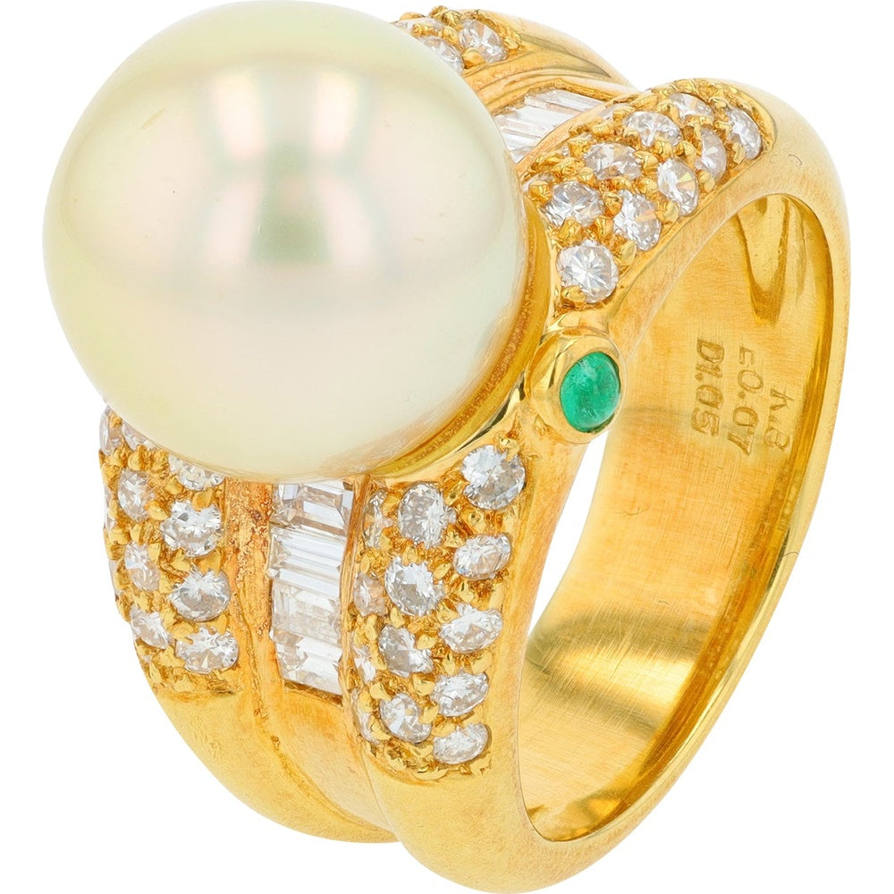 18K Yellow Gold Pearl Cocktail Ring with Round and Baguette Diamond Accents and Emerald Detail - 1.05 Carat Total Diamond Weight and 0.07 Carat Emerald