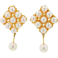 18K Yellow Gold Pearl Drop Earrings with Clustered Luminous Pearls - 1.5 Carat Total Pearl Weight