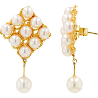 18K Yellow Gold Pearl Drop Earrings with Clustered Luminous Pearls - 1.5 Carat Total Pearl Weight