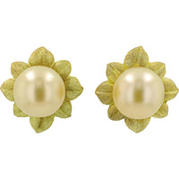 18K Yellow Gold Pearl Flower Stud Earrings with 10.2mm Round Pearls - Total Gem Weight 20.4mm