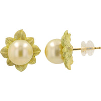 18K Yellow Gold Pearl Flower Stud Earrings with 10.2mm Round Pearls - Total Gem Weight 20.4mm