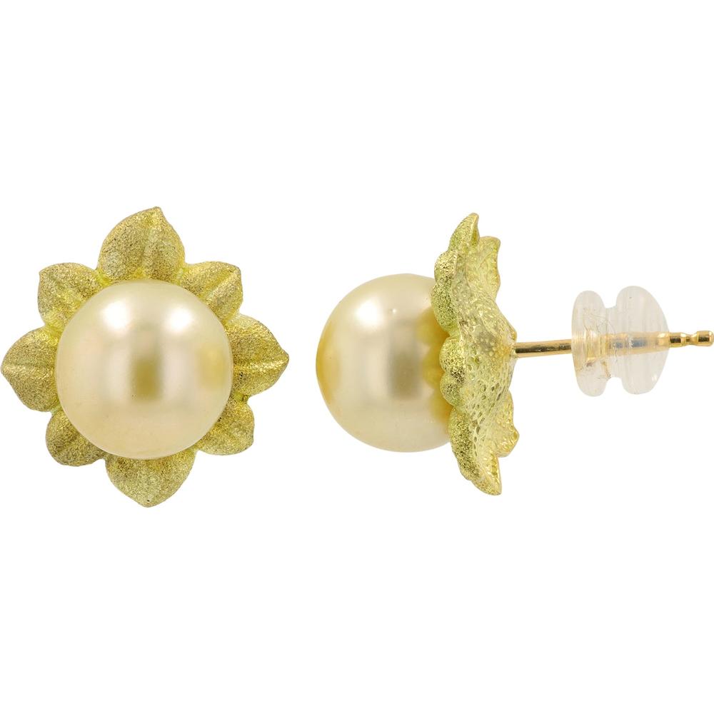 18K Yellow Gold Pearl Flower Stud Earrings with 10.2mm Round Pearls - Total Gem Weight 20.4mm