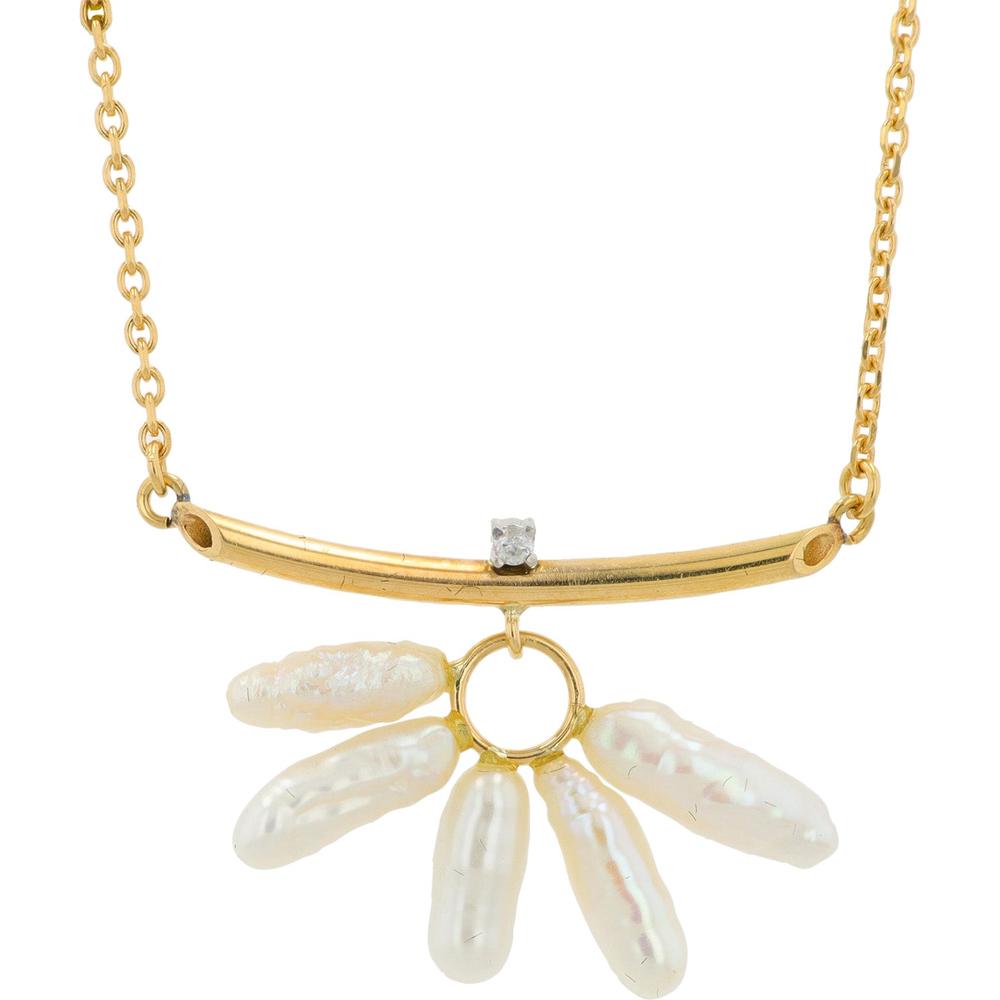 18K Yellow Gold Pearl Necklace with Diamond Accent and Baroque Pearls