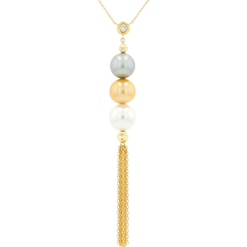 18K Yellow Gold Pearl Tassel Necklace with Three Pearls and Gold Chain Accents