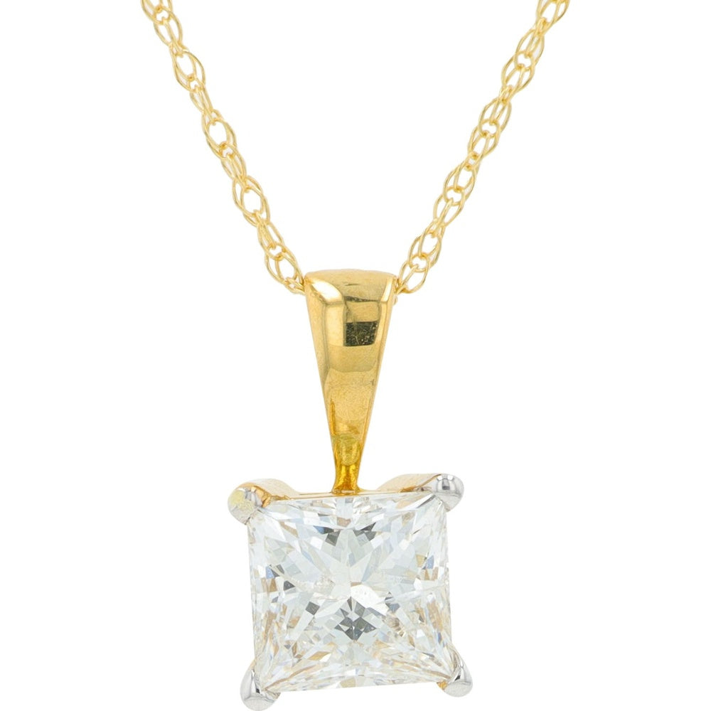18K Yellow Gold Pendant Necklace with 4-Prong Set Princess Cut Diamond - 0.75 Carat Total Diamond Weight
