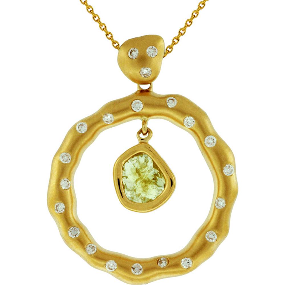 18K Yellow Gold Pendant Necklace with Round Green Diamond and White Diamonds - 0.73 Carats Total Diamond Weight