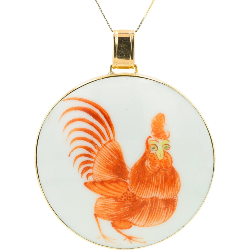 18K Yellow Gold Pendant with Hand-Painted Pottery Rooster Motif