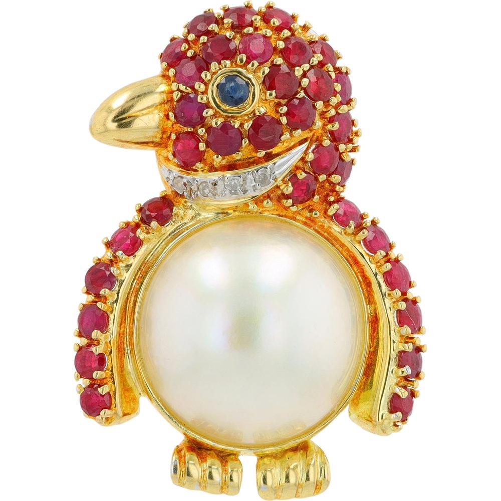 18K Yellow Gold Penguin Brooch with Mabe Pearl, Ruby, and Diamonds - 2.67 Carats Total Ruby Weight, 0.04 Carats Total Diamond Weight