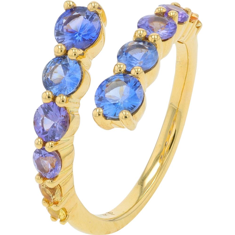 18K Yellow Gold Penny Preville Bypass Ring with Prong - Set Round Blue & Violet Multi Gemstones