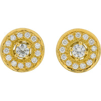 18K Yellow Gold Penny Preville Round Diamond Halo Stud Earrings with Milgrain Detail - 0.69 Carat Total Diamond Weight