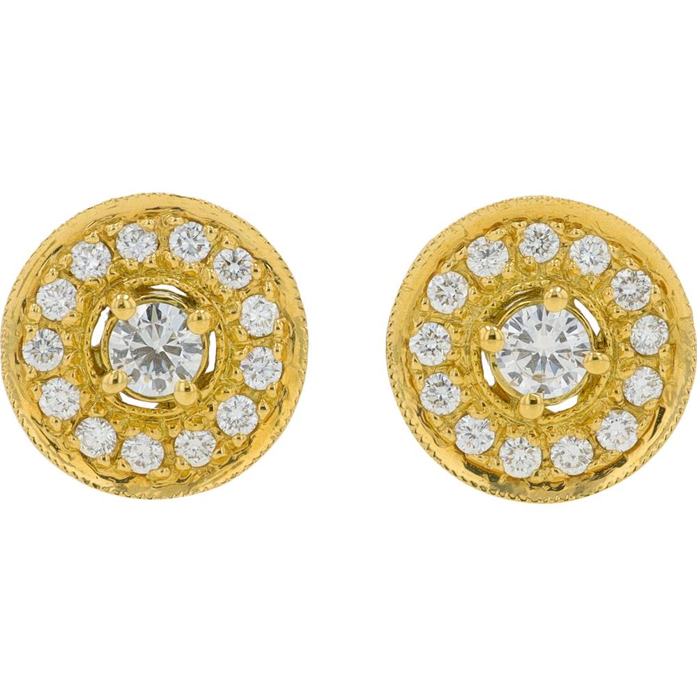 18K Yellow Gold Penny Preville Round Diamond Halo Stud Earrings with Milgrain Detail - 0.69 Carat Total Diamond Weight