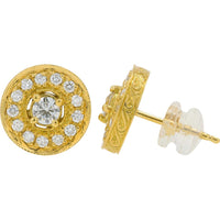 18K Yellow Gold Penny Preville Round Diamond Halo Stud Earrings with Milgrain Detail - 0.69 Carat Total Diamond Weight