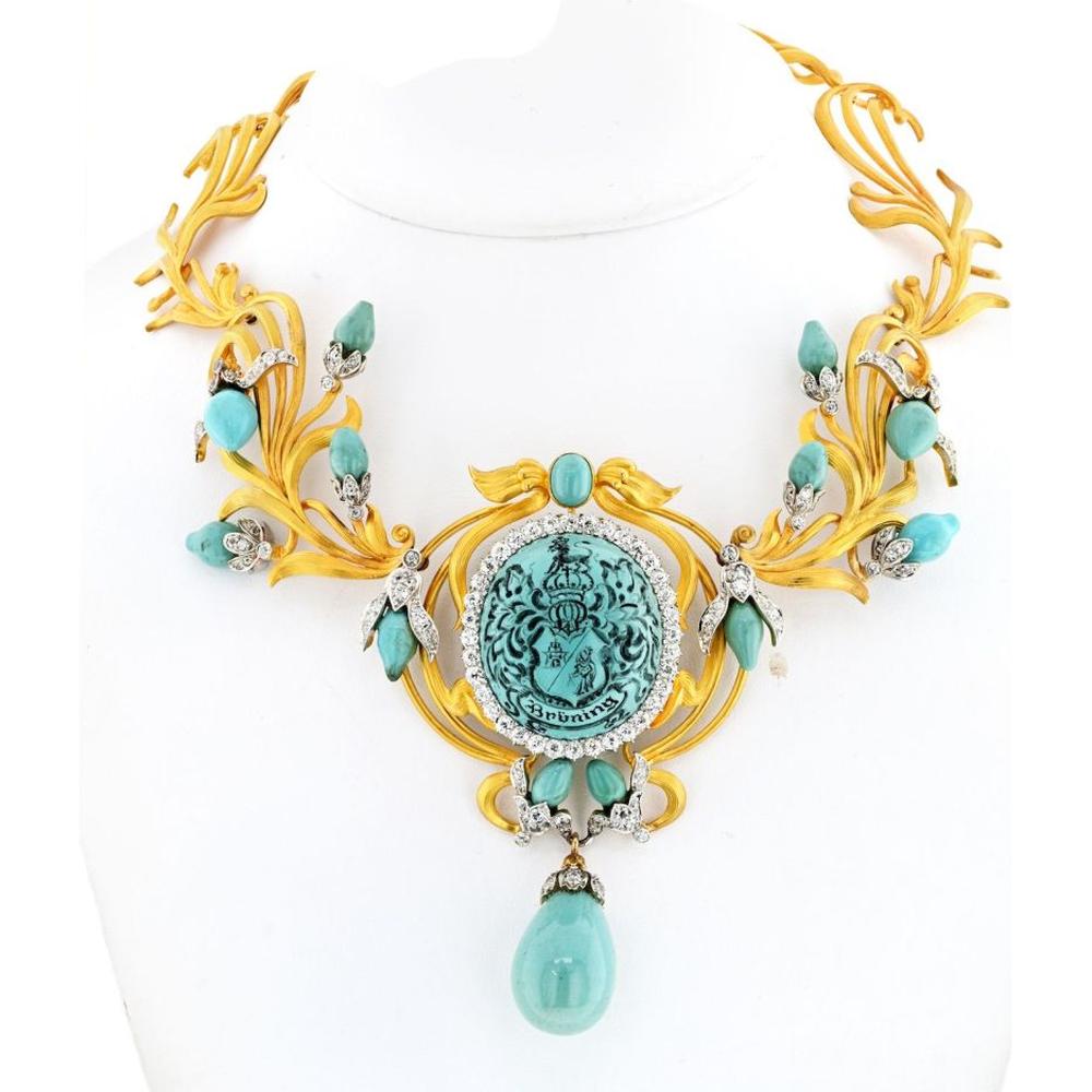 18K Yellow Gold Persian Turquoise Antique Diamond Necklace