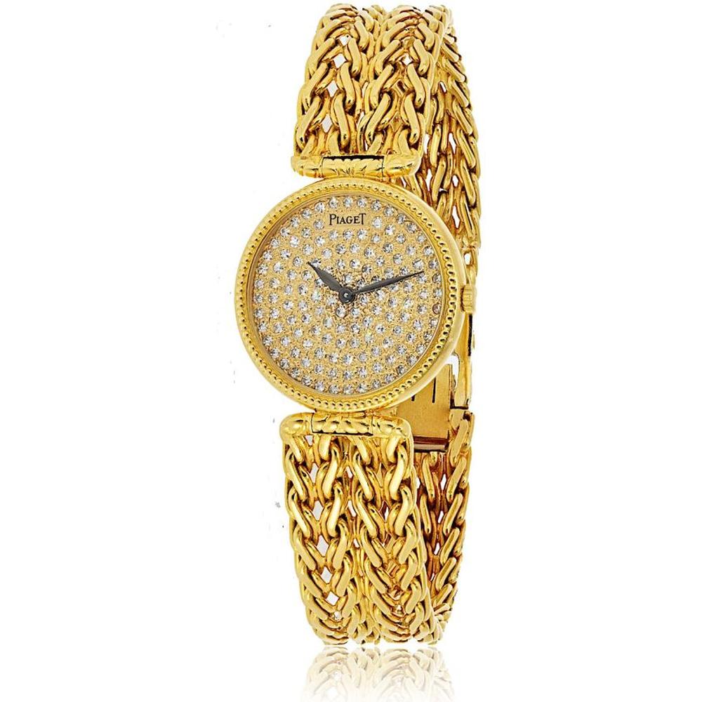 18K Yellow Gold Piaget Slim 23mm Bracelet Watch with Pavé Diamond Dial and Manual-Wind 18-Jewel Movement