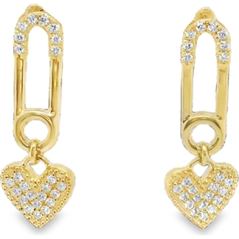 18K Yellow Gold Pin-Style Drop Earrings with Pavé Diamond Hearts by Afarin