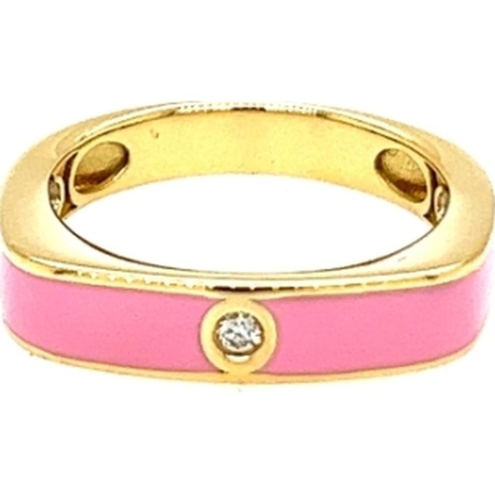 18K Yellow Gold Pink Enamel Band Ring with Round Diamond Accent by Afarin