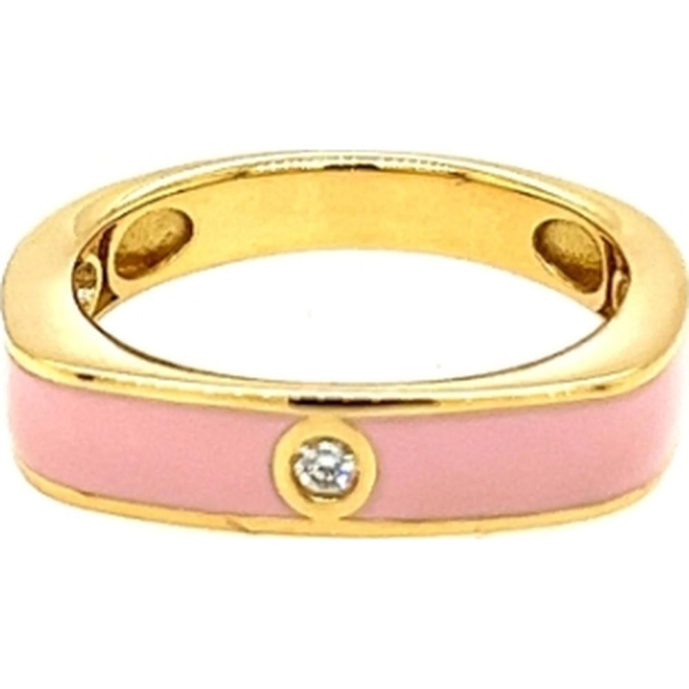 18K Yellow Gold Pink Enamel Band Ring with Round Diamond Accent by Afarin