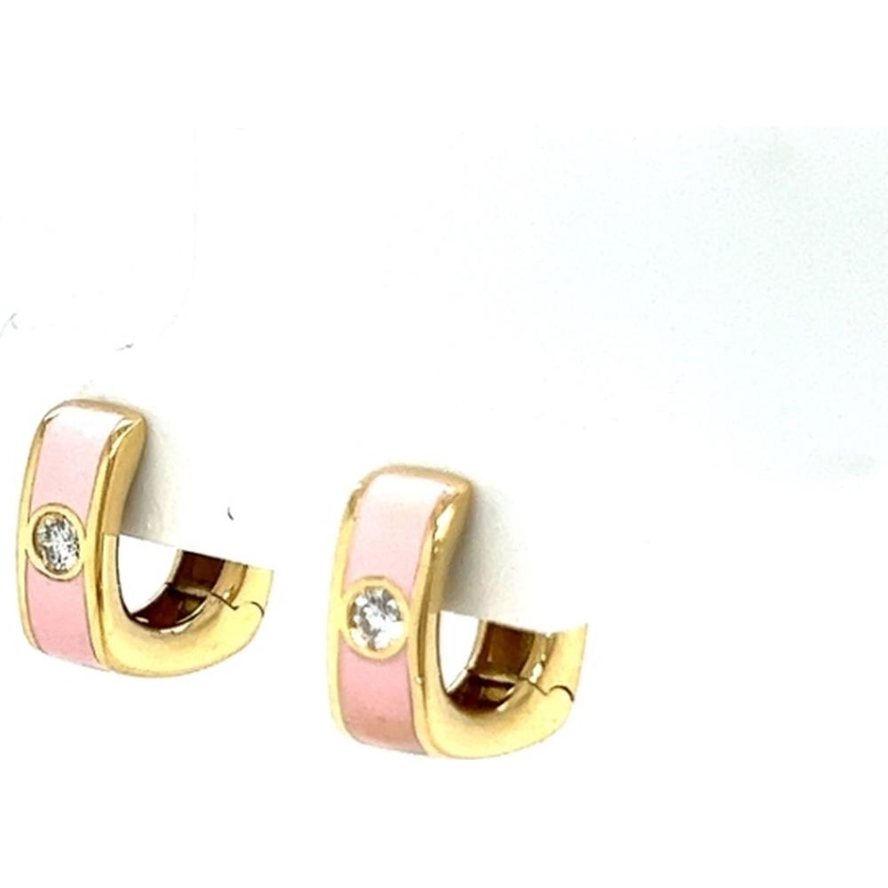 18K Yellow Gold Pink Enamel Huggie Earrings with Bezel-Set Round Diamonds by Afarin