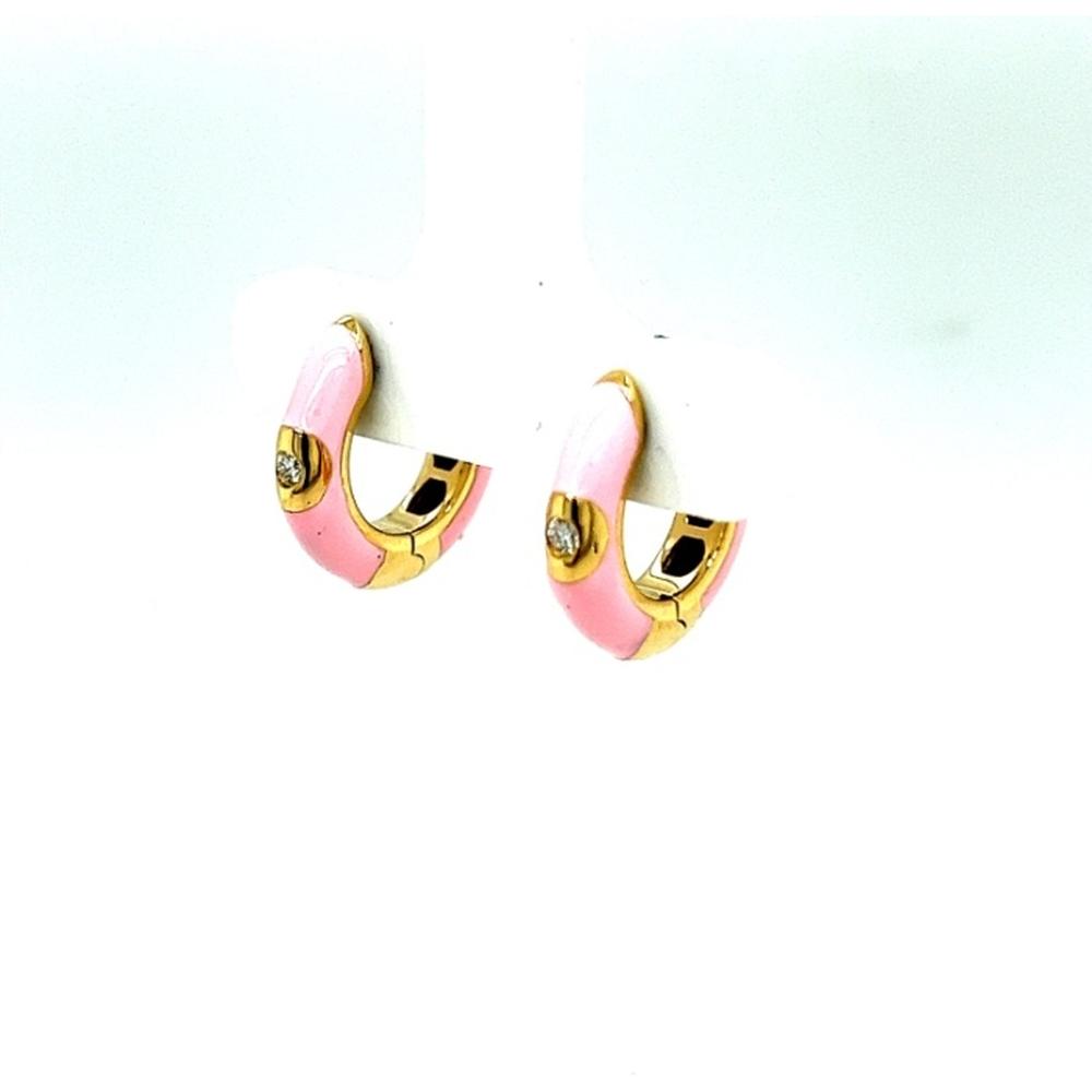 18K Yellow Gold Pink Enamel Huggie Earrings with Diamond Accents by Afarin