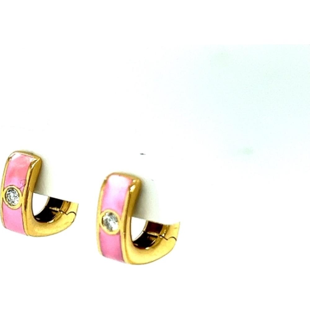 18K Yellow Gold Pink Enamel Huggie Earrings with Round Diamond Accents by Afarin