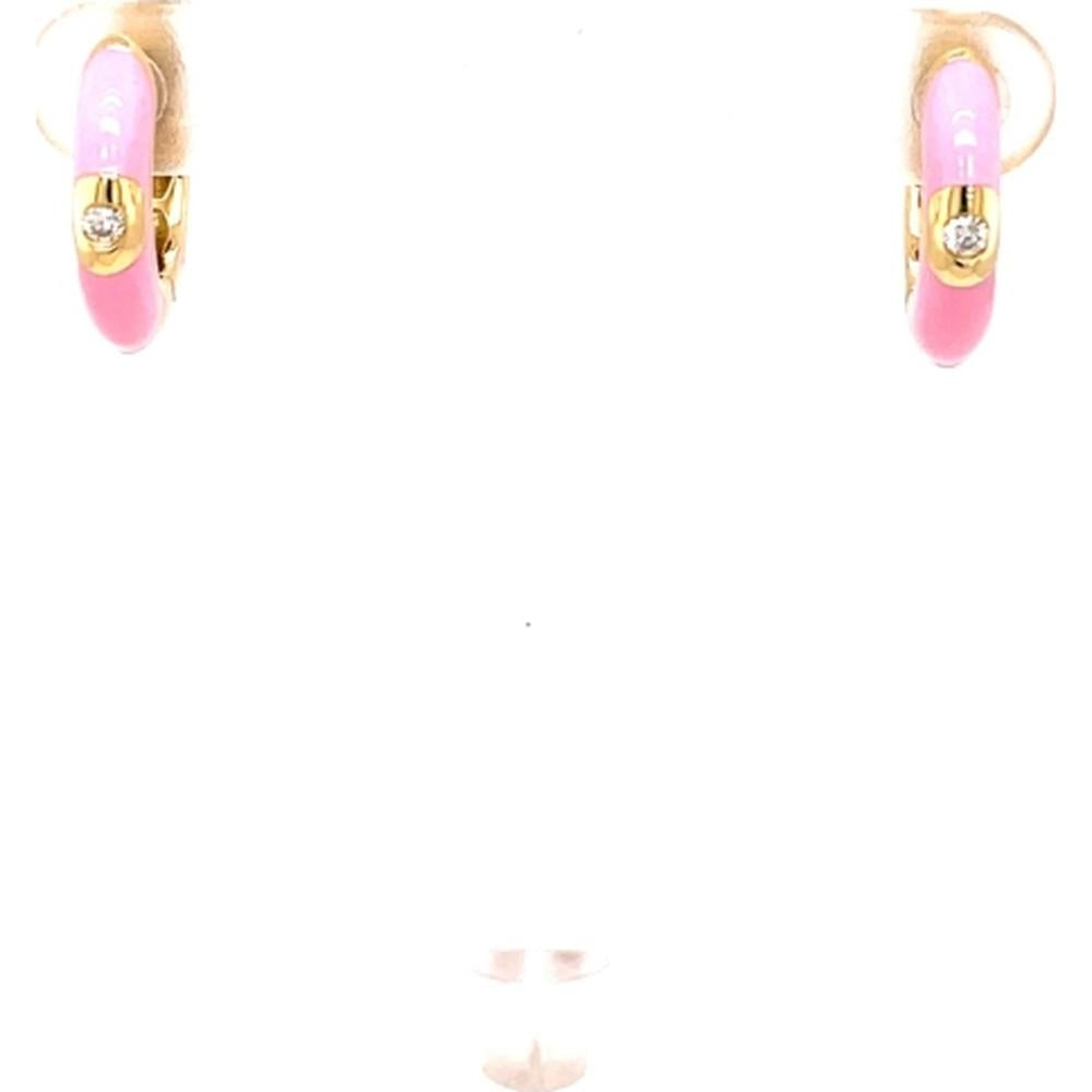 18K Yellow Gold Pink Enamel Huggie Earrings with Round Diamond Accents by Afarin