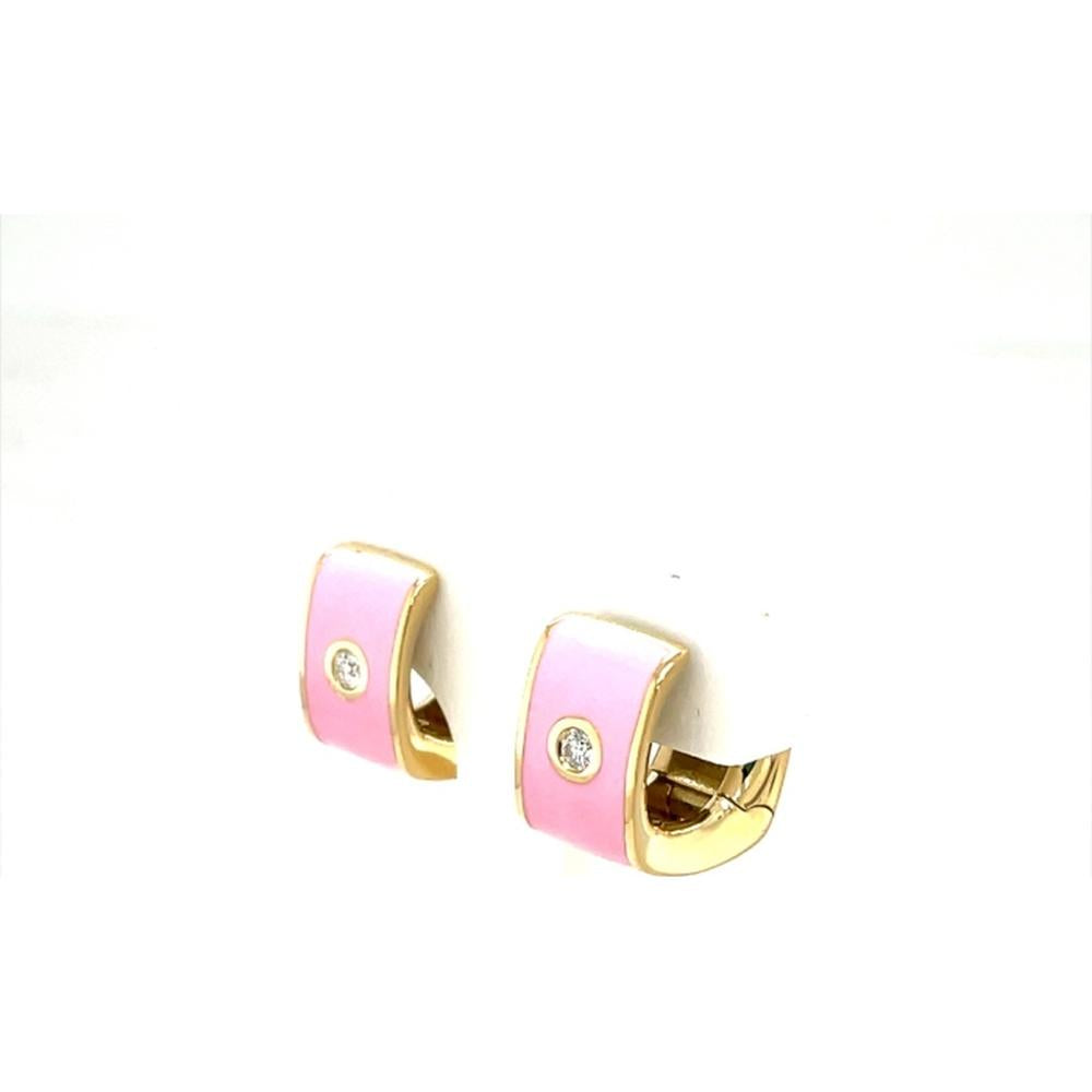 18K Yellow Gold Pink Enamel Huggie Earrings with Round Diamonds by Afarin