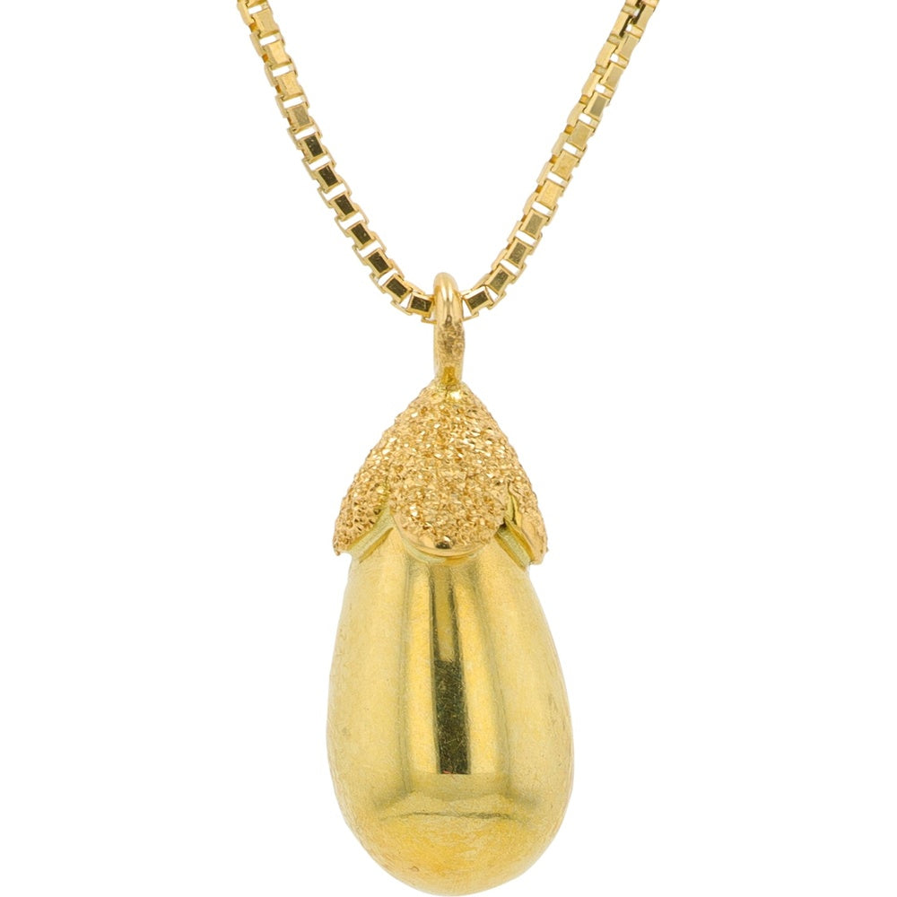 18K Yellow Gold Playful Eggplant Drop Pendant with Textured Leaf Cap on a 17-Inch Box Chain - 3.95 Grams