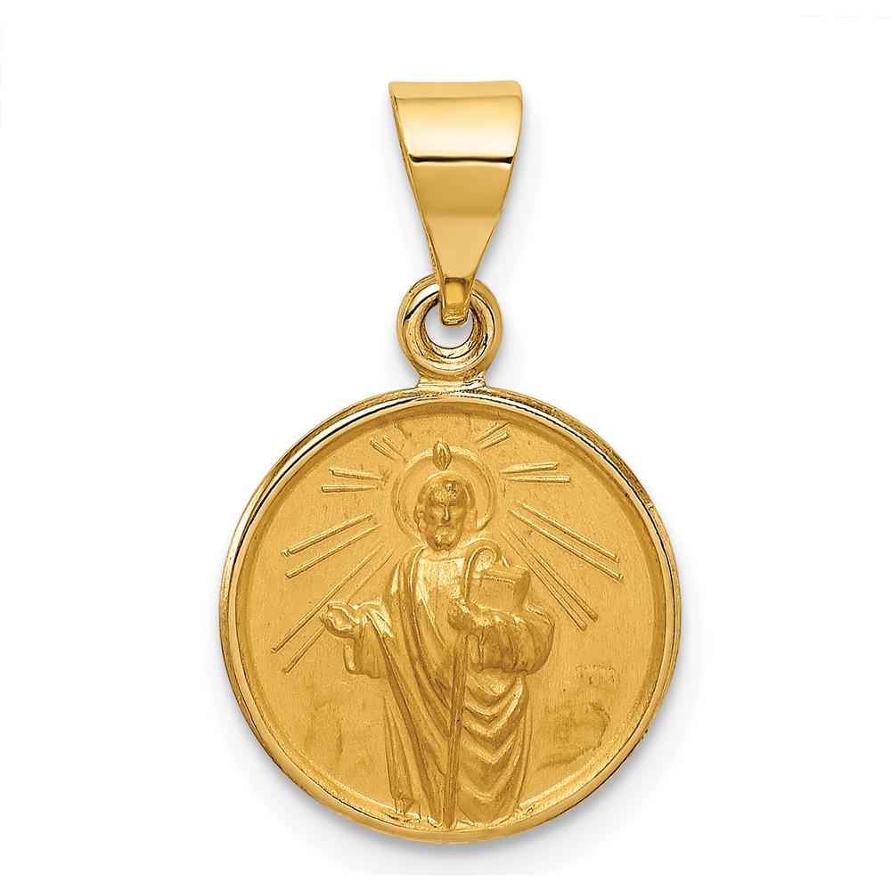 18K Yellow Gold Polished and Satin Saint Jude Thaddeus Medal Round Pendant - 21.5mm