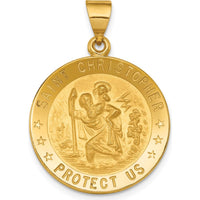 18K Yellow Gold Polished and Satin Solid Saint Christopher Medal Round Pendant - 30mm