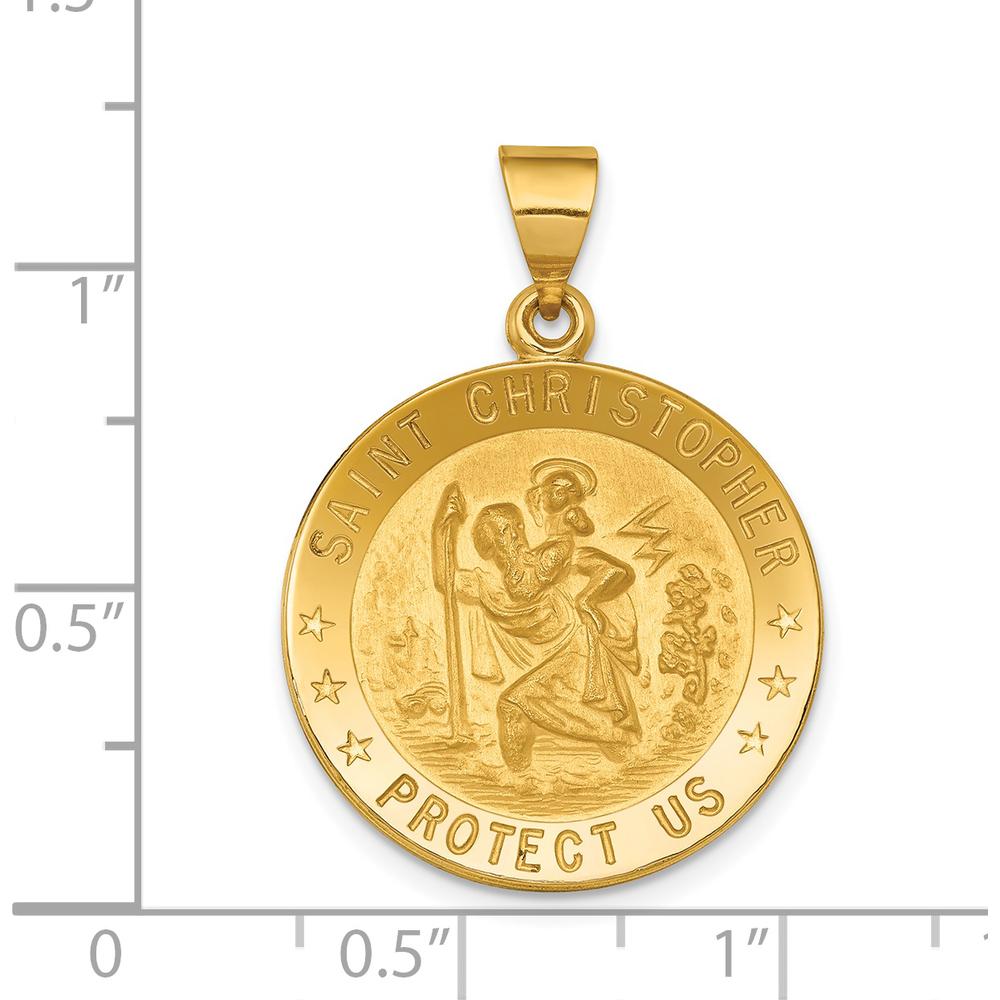 18K Yellow Gold Polished and Satin Solid Saint Christopher Medal Round Pendant - 30mm