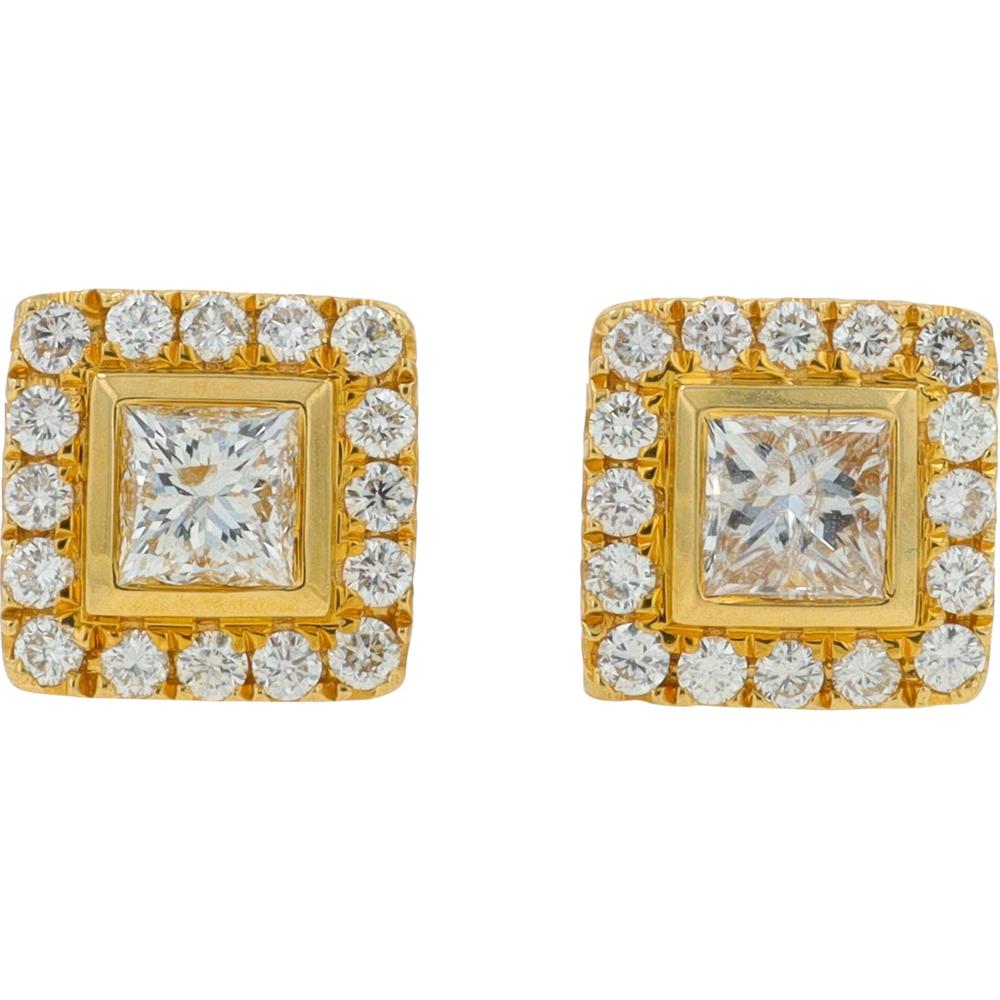 18K Yellow Gold Princess Cut Diamond Stud Earrings with Halo Accents - 1.36 Carat Total Diamond Weight