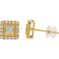 18K Yellow Gold Princess Cut Diamond Stud Earrings with Halo Accents - 1.36 Carat Total Diamond Weight