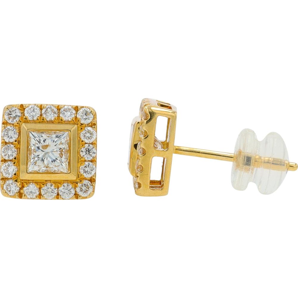 18K Yellow Gold Princess Cut Diamond Stud Earrings with Halo Accents - 1.36 Carat Total Diamond Weight