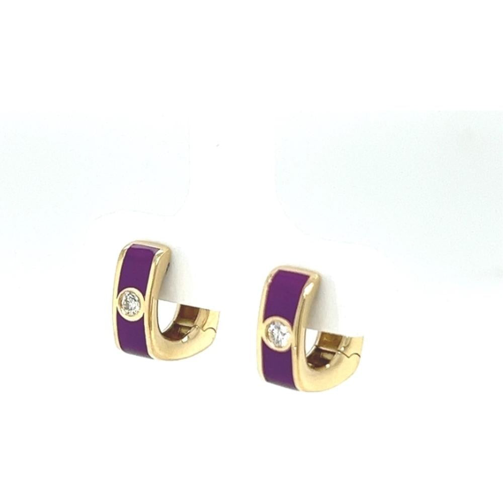 18K Yellow Gold Purple Enamel Huggie Earrings with Round Diamonds by Afarin