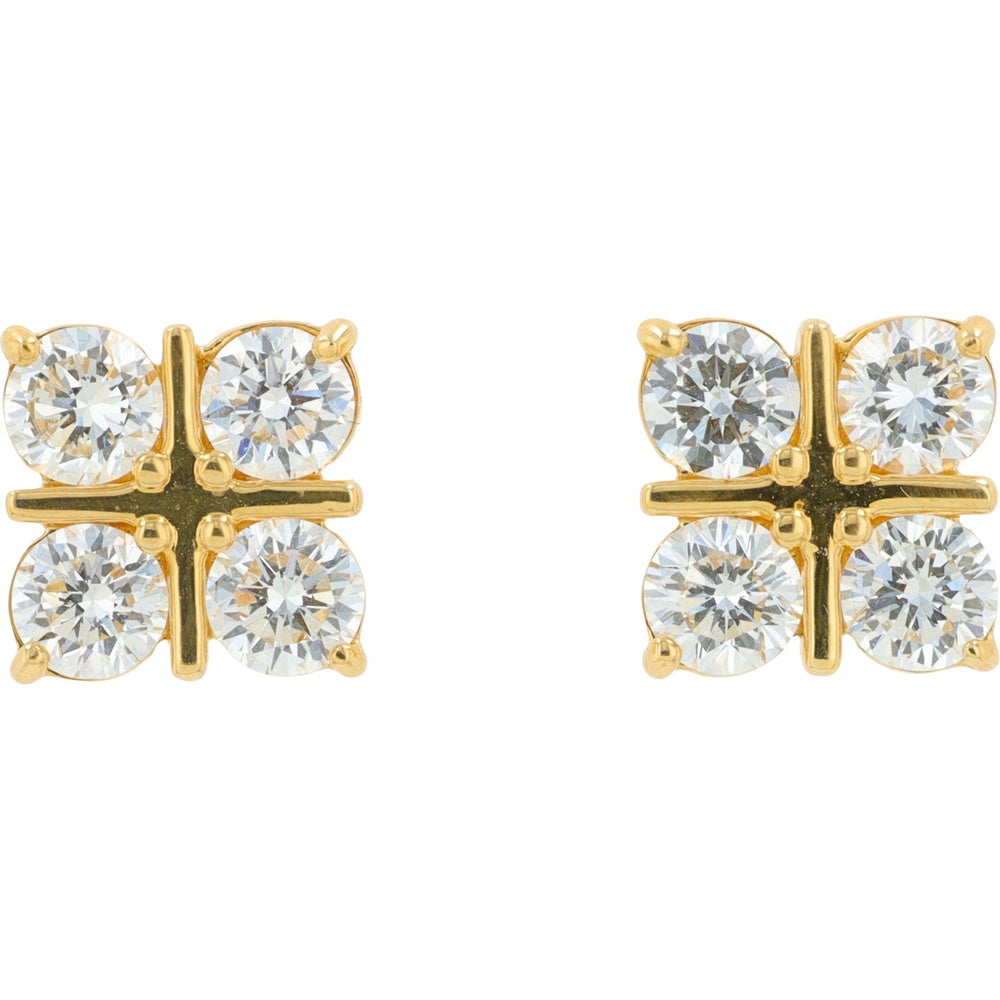 18K Yellow Gold Quatrefoil Stud Earrings with 4-Prong Set Round Lab Grown Diamonds - 1.00 Carat Total Diamond Weight