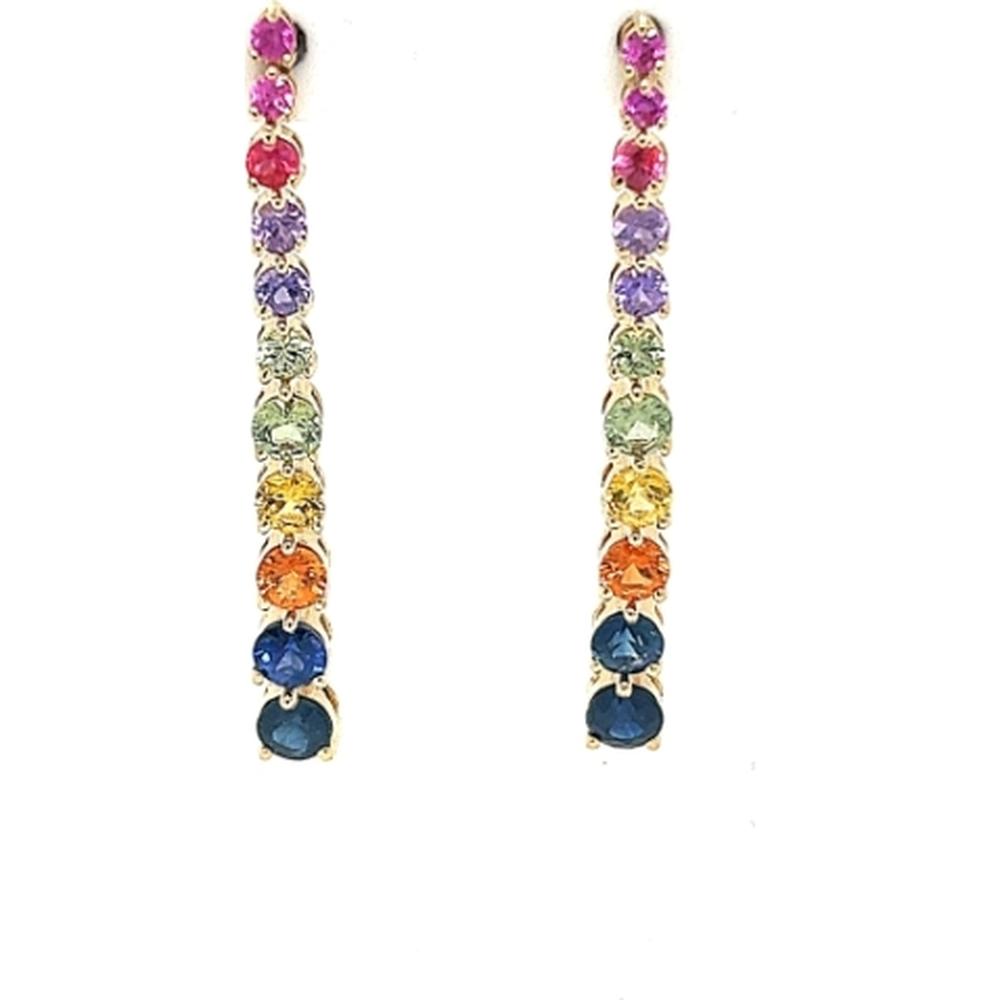 18K Yellow Gold Rainbow Multi Sapphire Drop Earrings in Round Prong-Set Design by Afarin