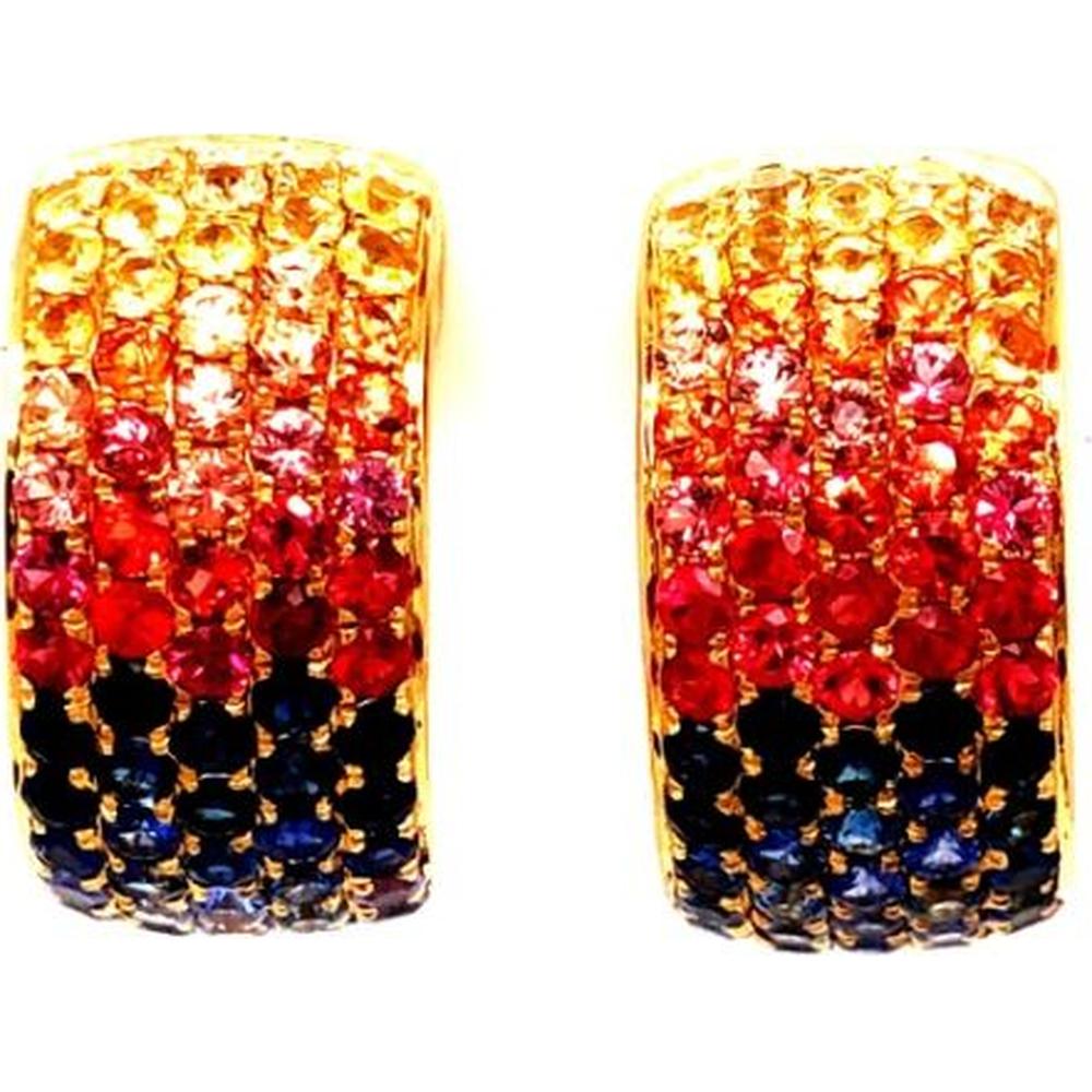 18K Yellow Gold Rainbow Multi-Sapphire Huggie Earrings with Pavé Set Round Sapphires by Afarin