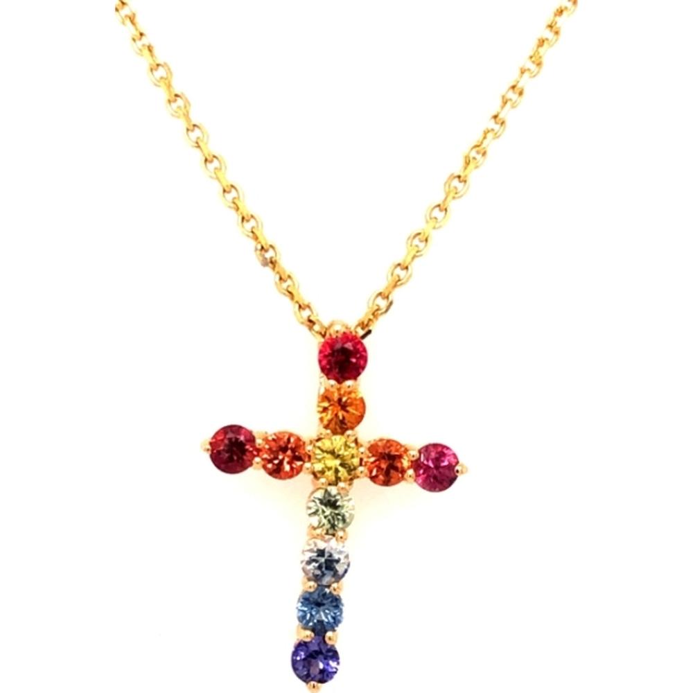 18K Yellow Gold Rainbow Sapphire Cross Pendant Necklace by Afarin