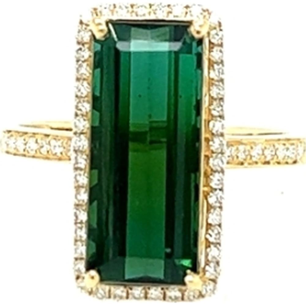 18K Yellow Gold Rectangular Green Tourmaline Ring with Diamond Halo by Afarin
