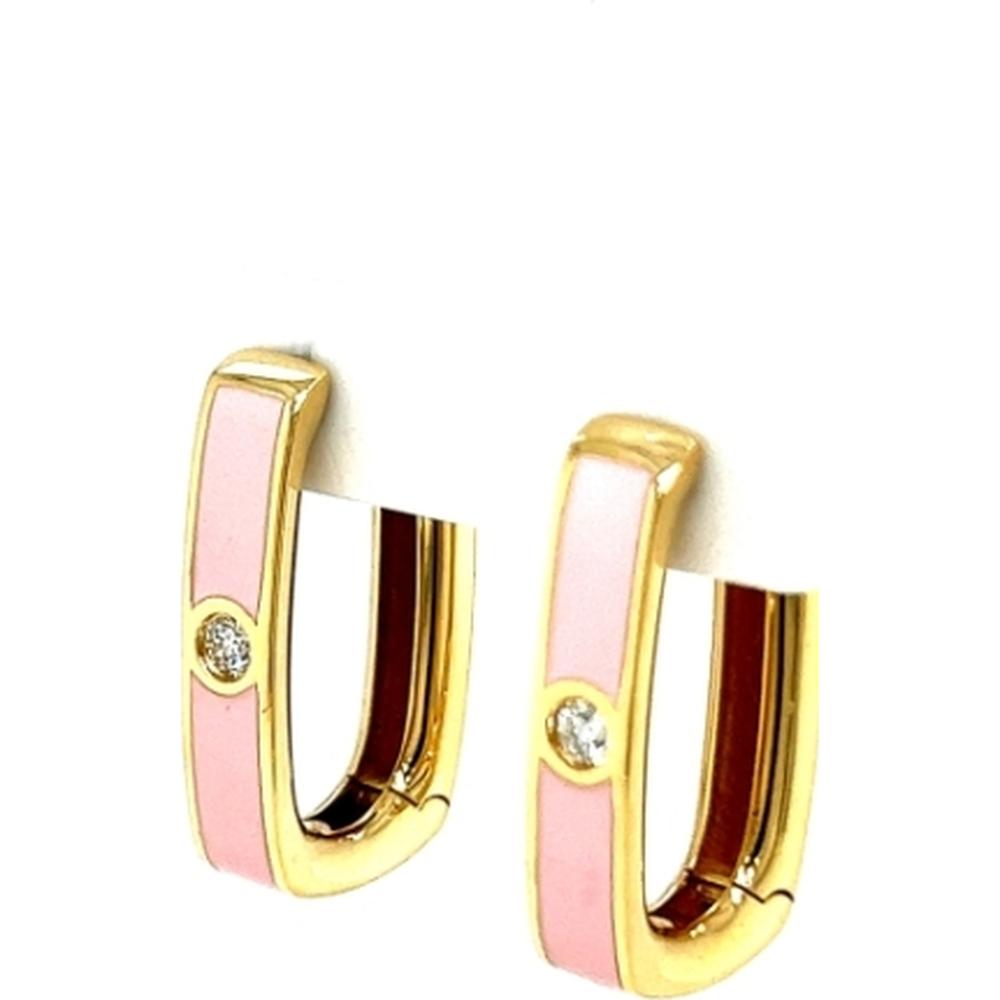 18K Yellow Gold Rectangular Huggie Earrings with Pink Enamel and Round Diamond Accents by Afarin