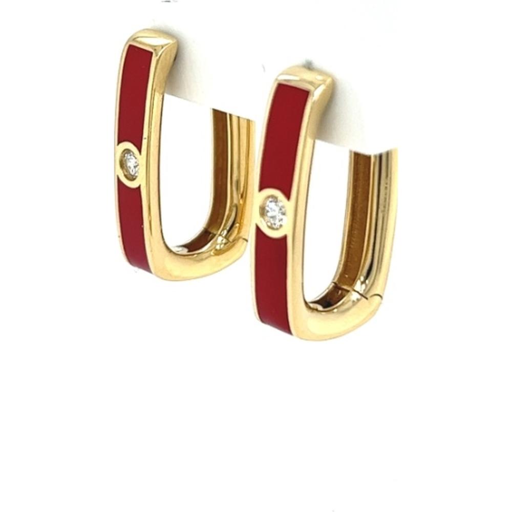 18K Yellow Gold Rectangular Huggie Earrings with Red Enamel and Bezel-Set Round Diamonds by Afarin