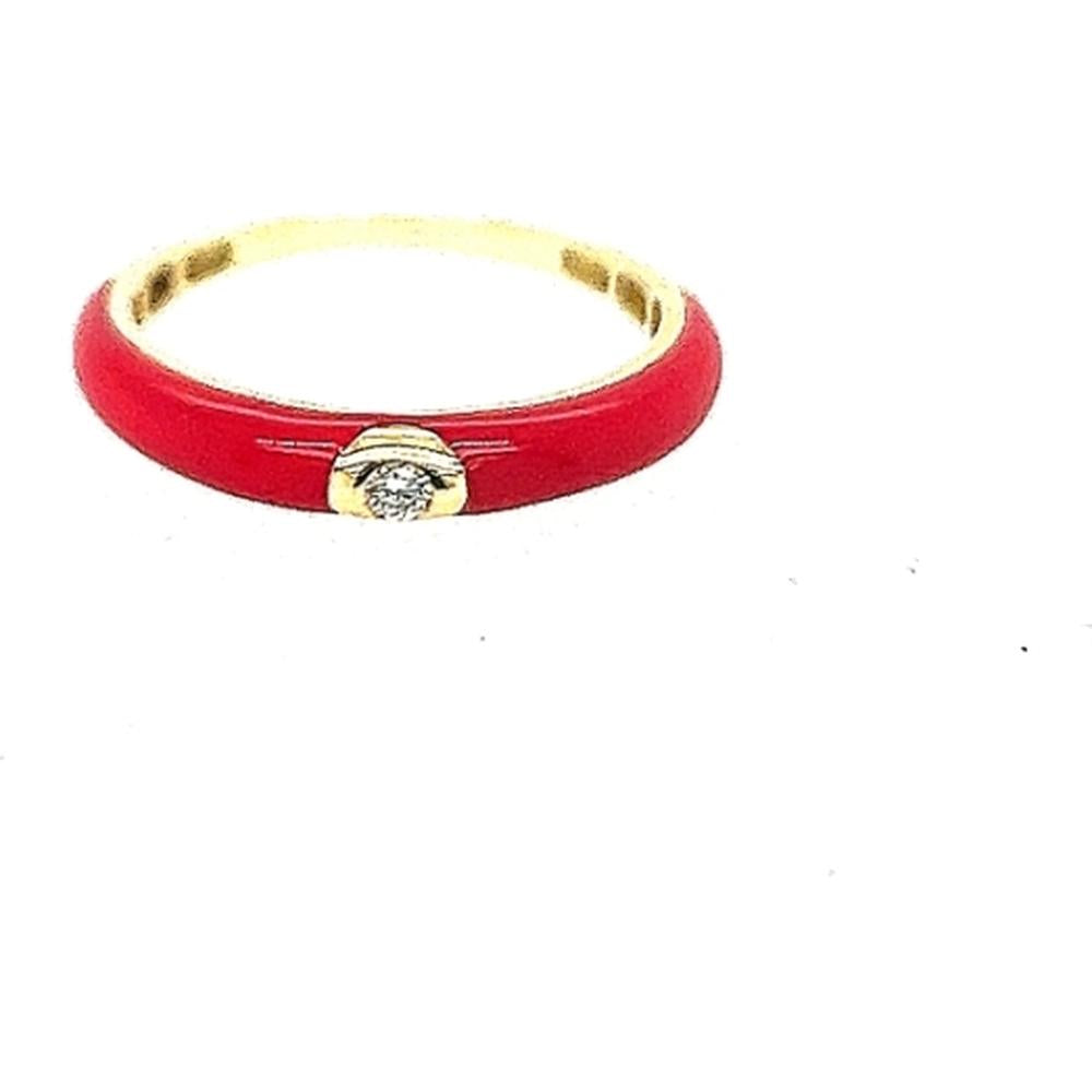 18K Yellow Gold Red Enamel Band Ring with Bezel-Set Round Diamond Accent by Afarin