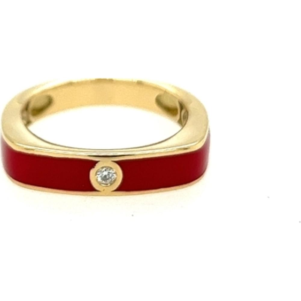 18K Yellow Gold Red Enamel Band Ring with Round Diamond Accent by Afarin